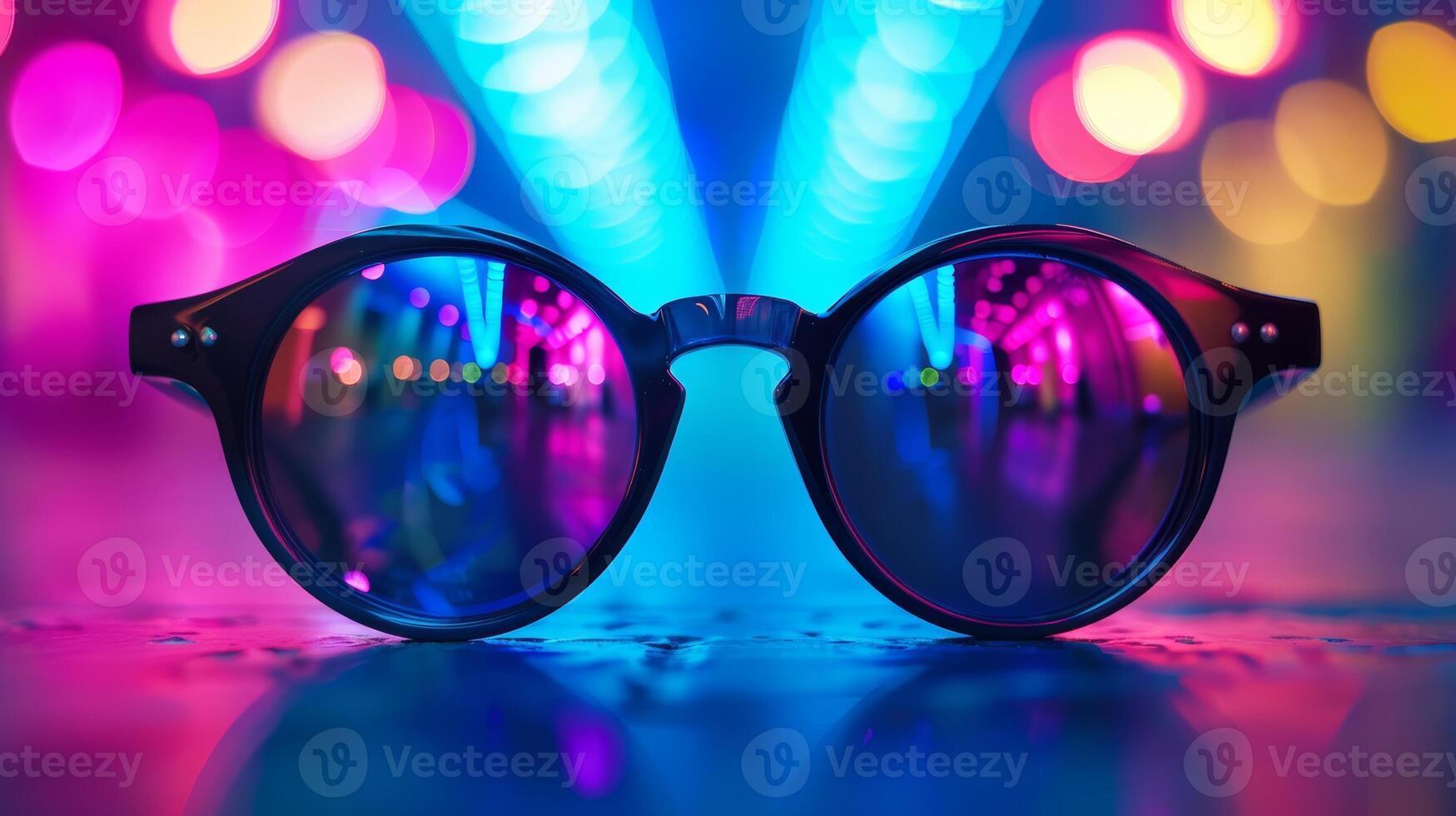 Nightlife Party Reflection in Sunglasses at Bar or Nightclub with Neon Lights and Bokeh photo