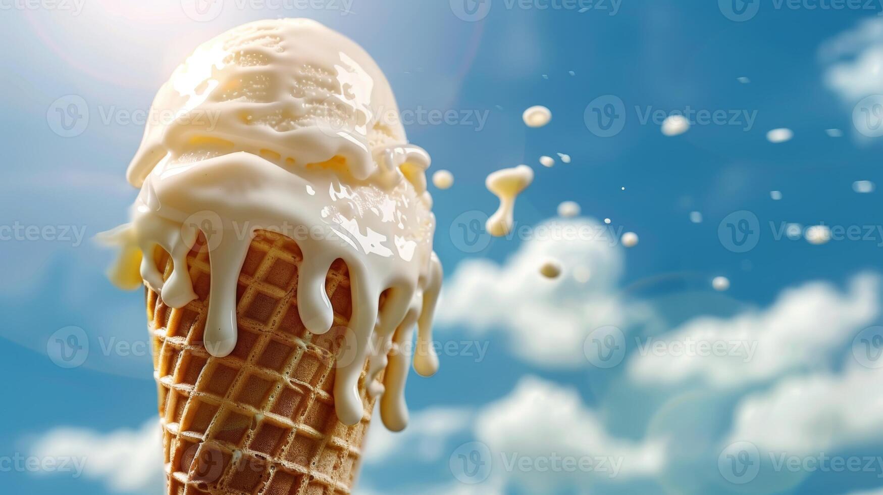 Melting Vanilla Ice Cream Scoop in Waffle Cone Dripping with Milk Against Bright Blue Sky photo