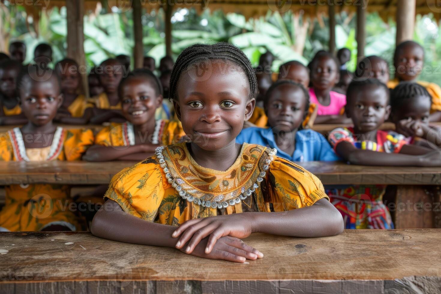 Smiling African schoolchildren in traditional classroom, education and hope for future photo