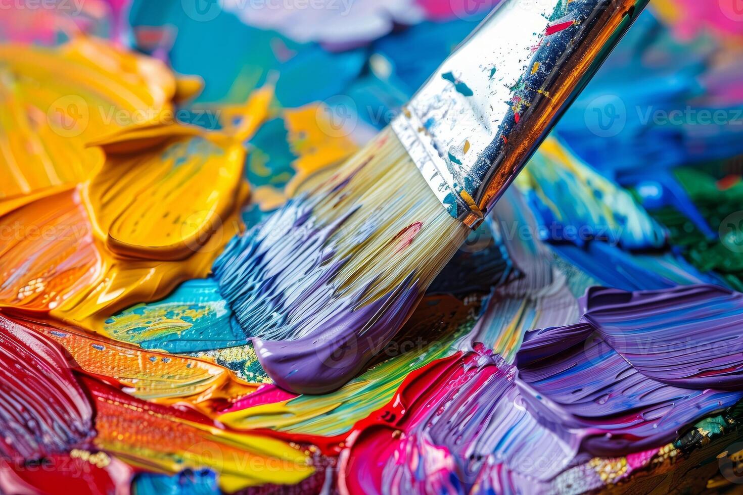 Artists Brush Mixing Vivid Colors on Palette, A Close Up of Creativity and Artistic Expression photo