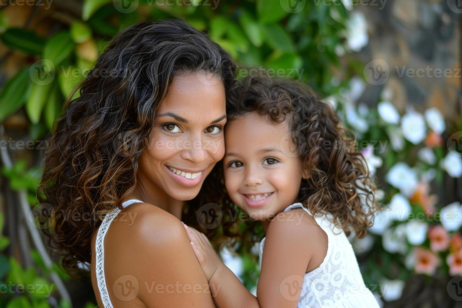 Happy biracial mother and daughter smiling outdoors in garden photo