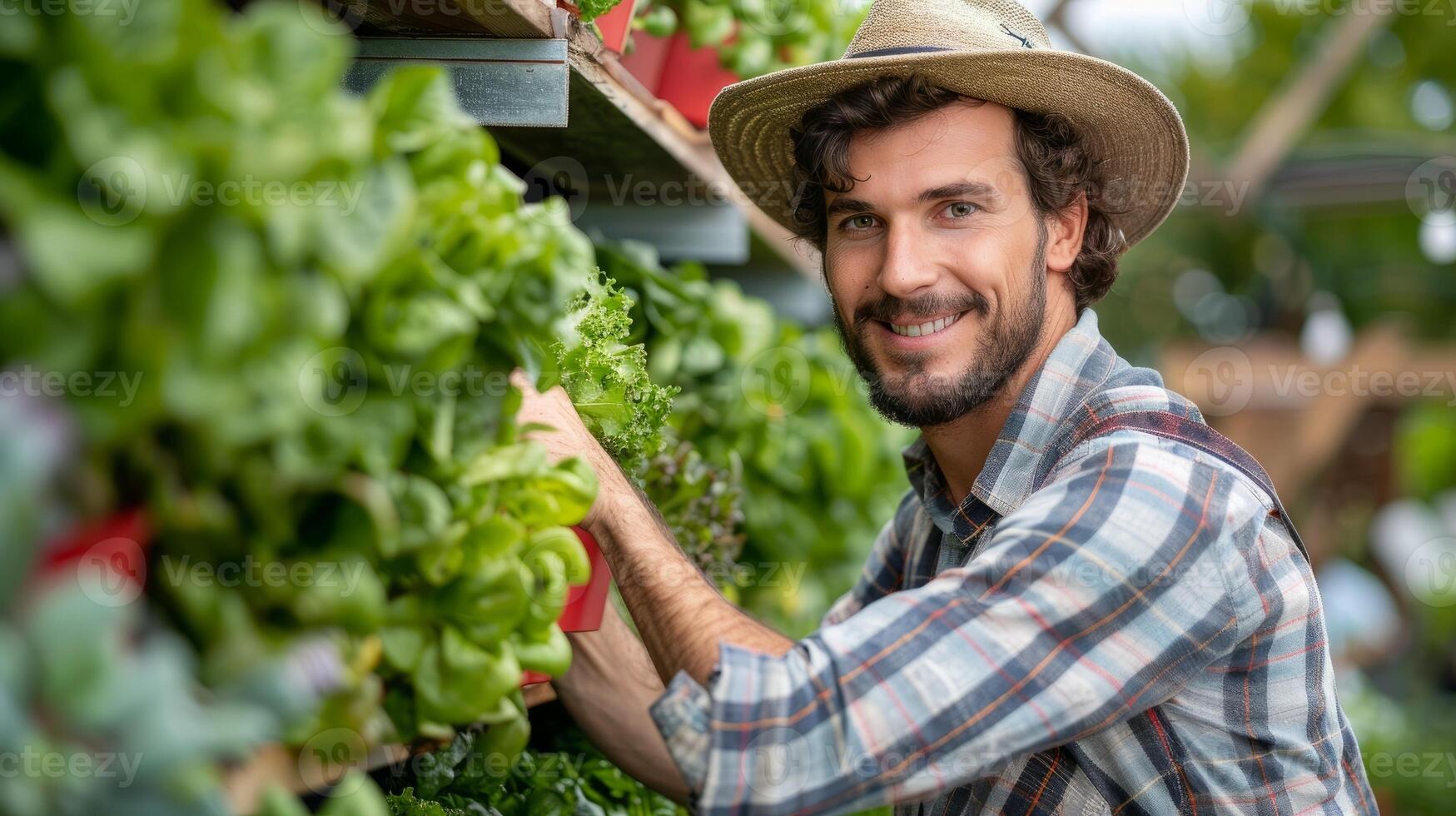 Smiling farmer harvesting fresh greens in greenhouse, sustainable organic gardening concept photo