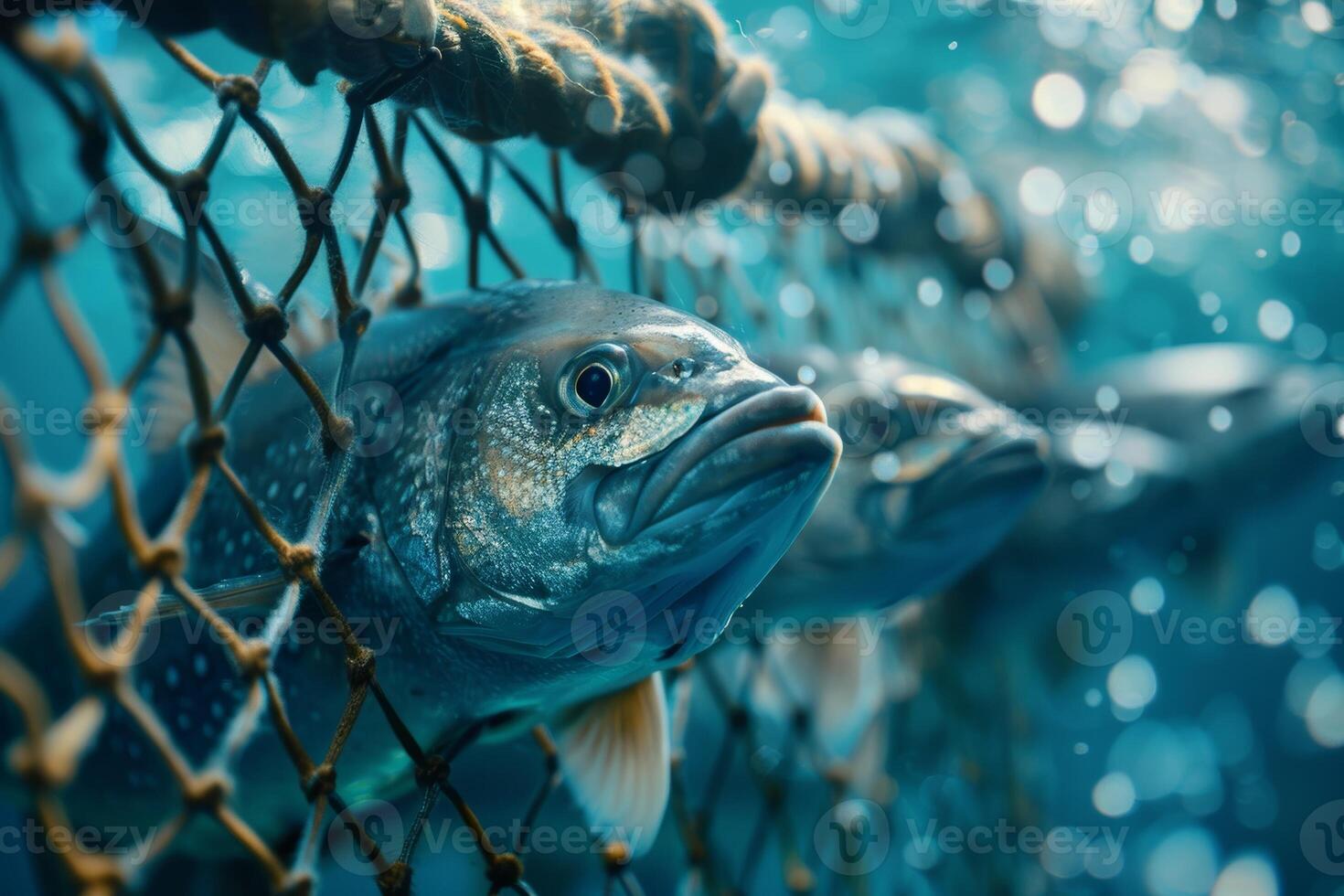 Fish caught in fishing net underwater. Concerns of overfishing, sustainability and seafood industry photo