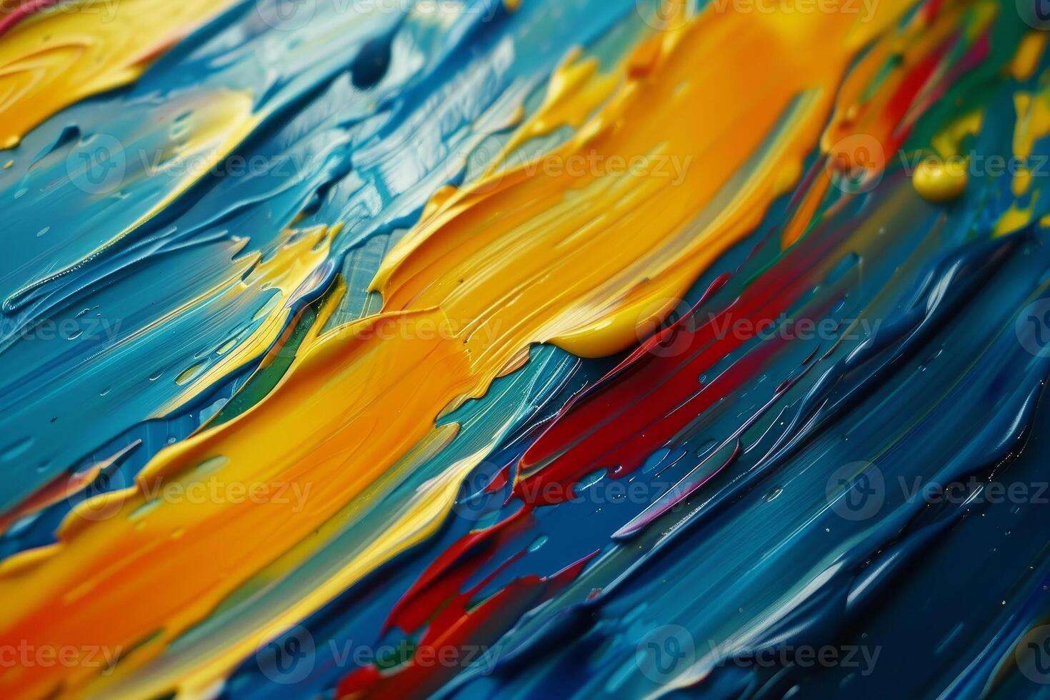 Abstract Acrylic Painting Background with Blue, Yellow, Red, and Green Brushstrokes. Colorful Impasto Texture. photo