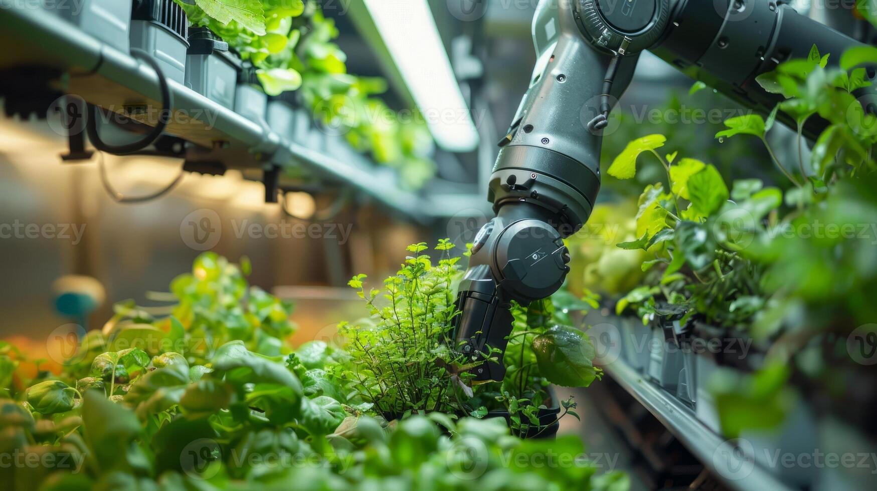 Robot arm tending to basil plants in automated indoor vertical farm. Smart agriculture, farm technology, and food production concept with AI and robotics. photo