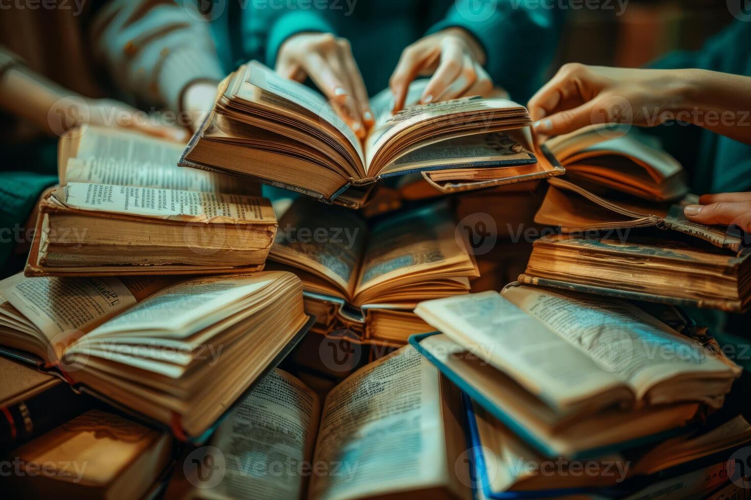 Hands exploring ancient books, knowledge and wisdom in vintage literature. Concept of study, education, research and curiosity photo