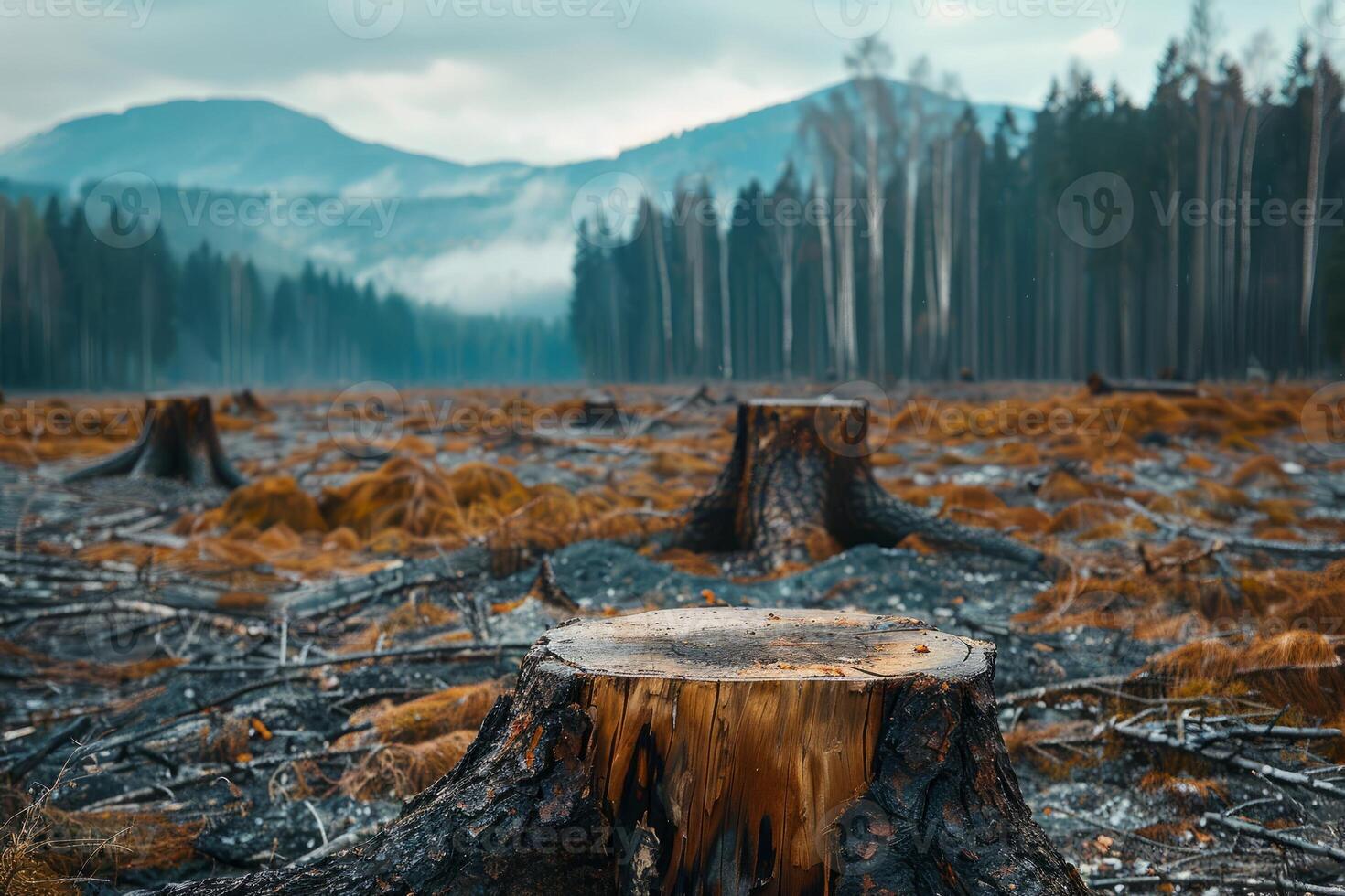 Deforested landscape with tree stumps in misty mountain forest, environmental destruction and deforestation concept photo