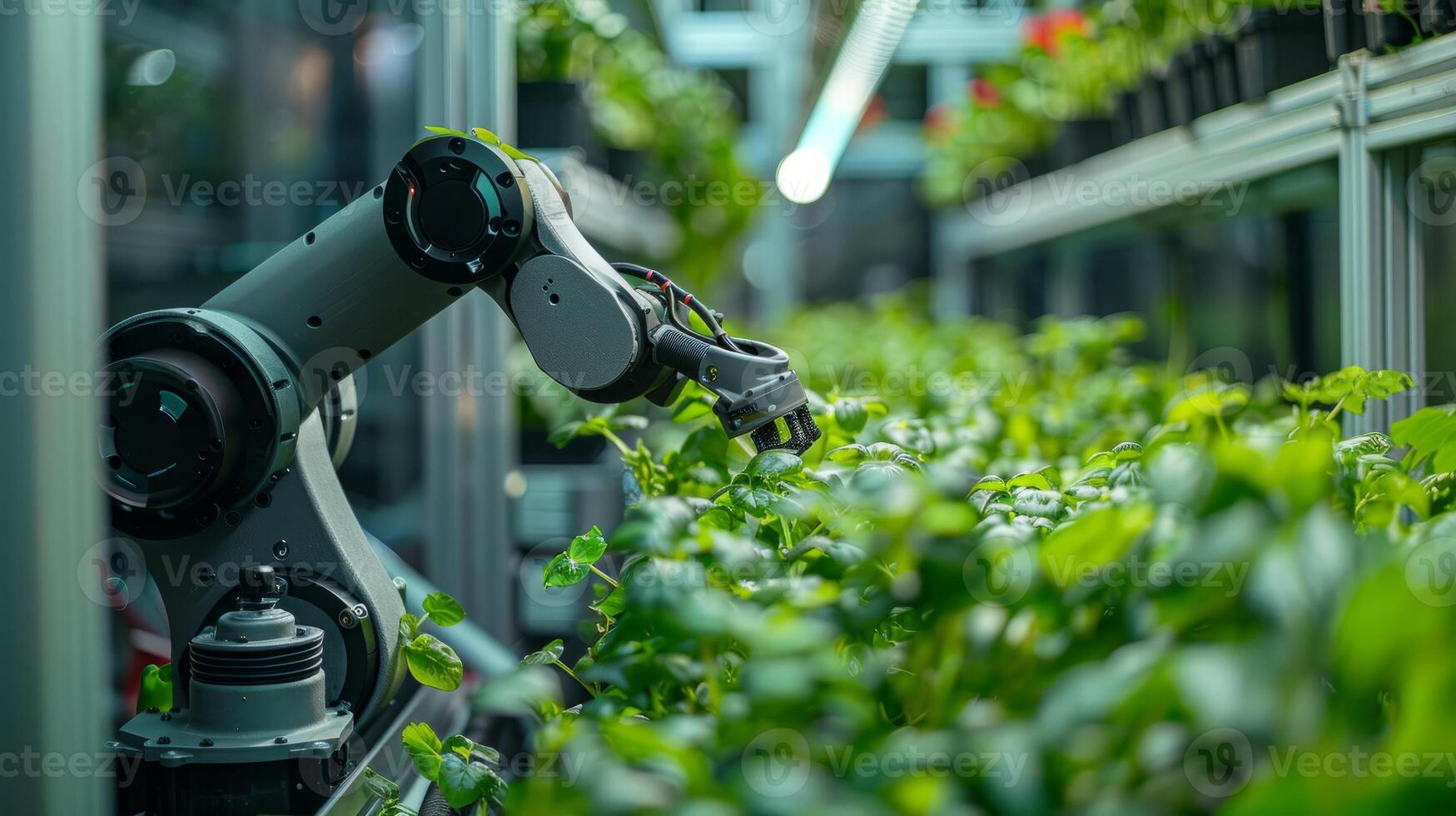 Close-up of robotic arm working in a greenhouse. Modern technology. photo