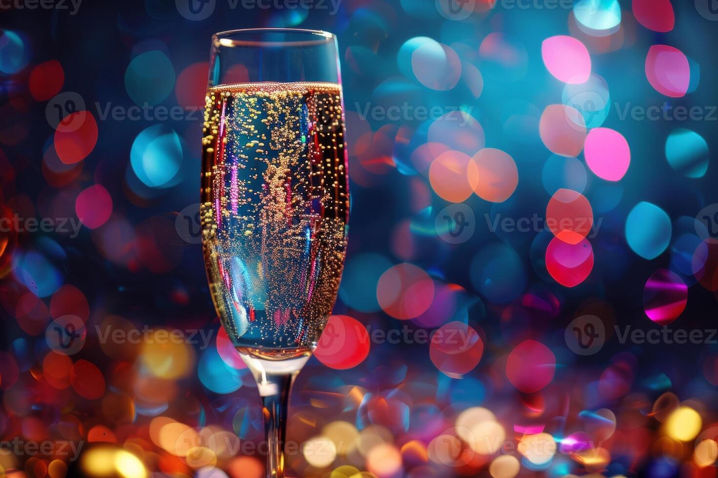 Champagne Flute with Sparkling Wine Bubbles Against Colorful Bokeh Lights Background photo