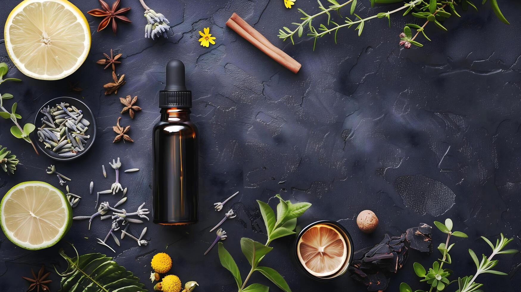 Essential oil bottle mock up, aesthetic background, ingredients template, leaves and plants photo