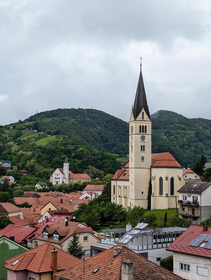 Beautiful hillside cityscape, St Nicholas Parish Church in Krapina, Croatia, Hrvatsko zagorje, buildings and architecture background, wallpaper photo