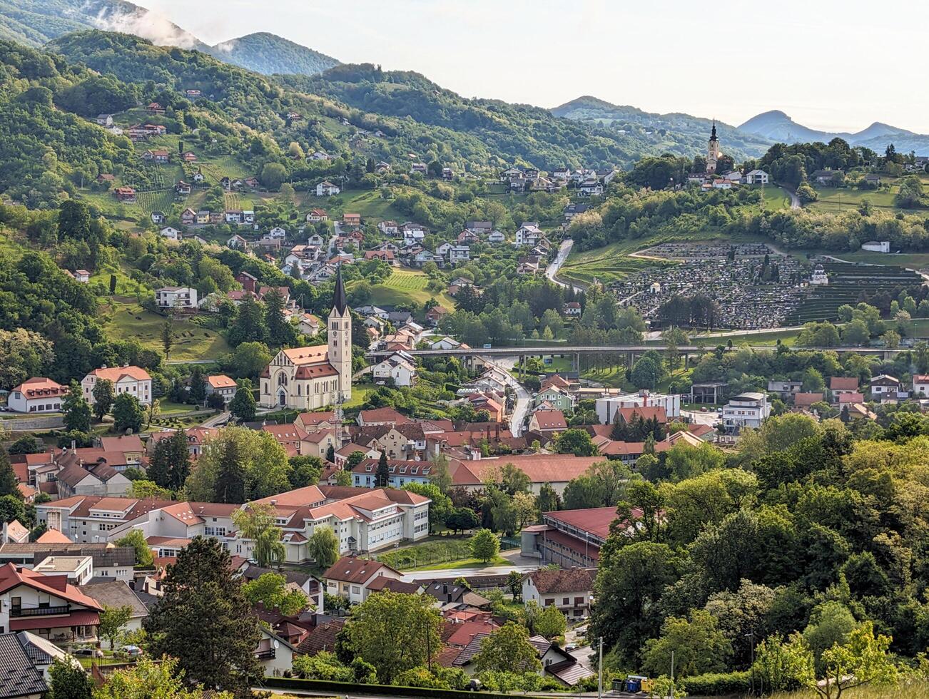 Beautiful hillside cityscape, St Nicholas Parish Church in Krapina, Croatia, Hrvatsko zagorje, buildings and architecture background, wallpaper photo