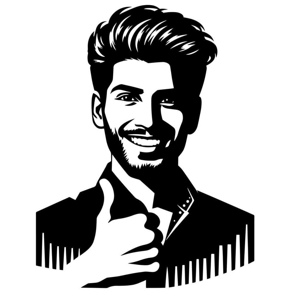 Black and white Silhouette of a indian guy in a positive happy pose and holding thumbs up vector