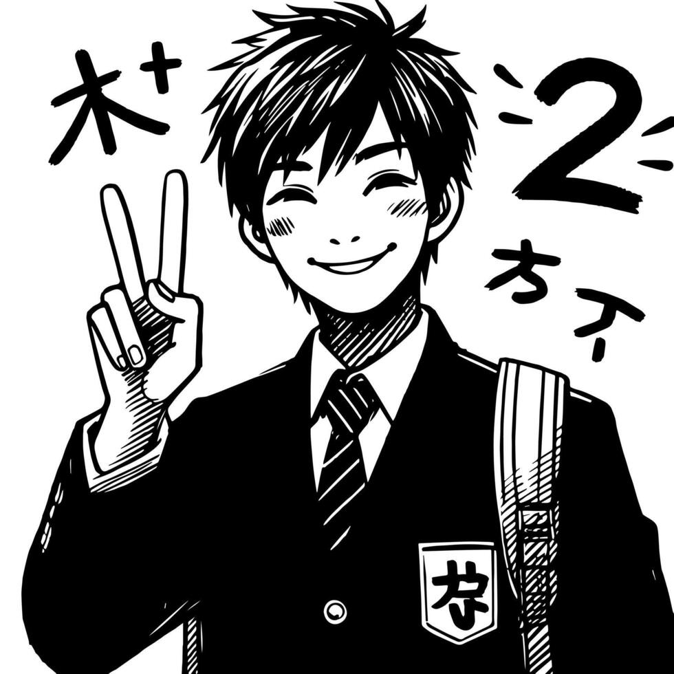 Black and white Silhouette of a student guy showing the peace sign scribble vector