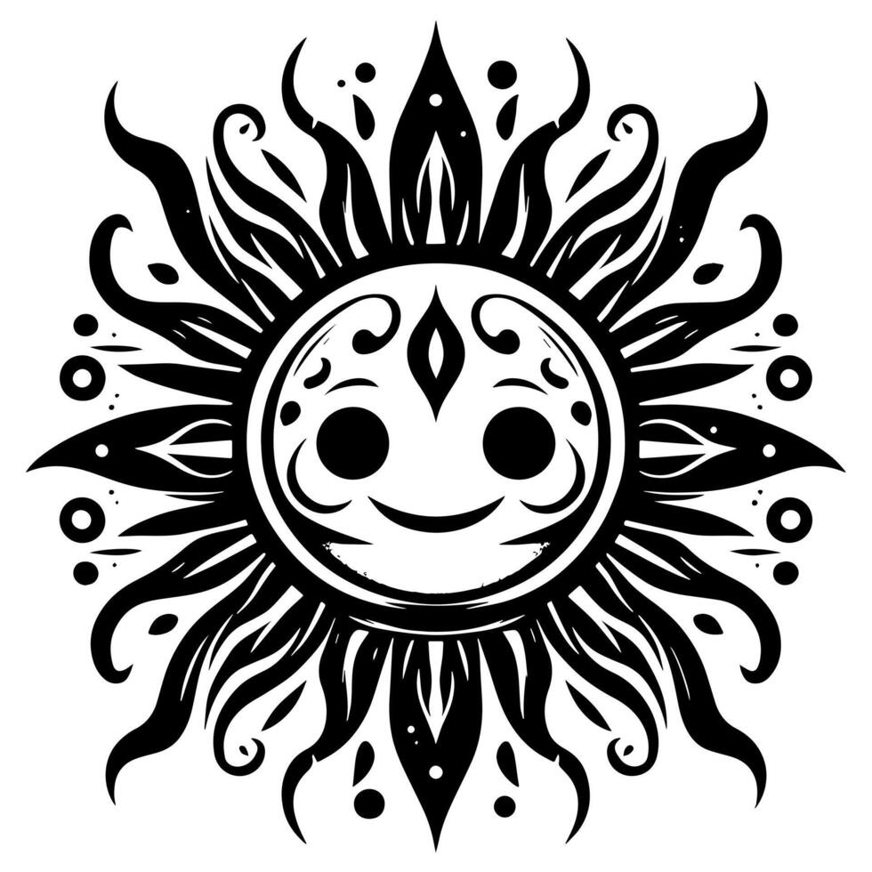 Black and white Silhouette of a sun symbol with a smiling happy Face vector