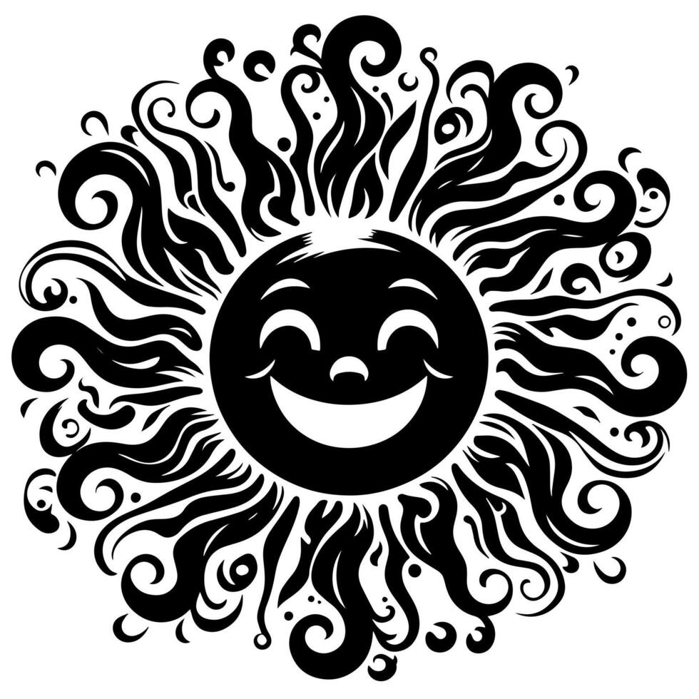 Black and white Silhouette of a sun symbol with a smiling happy Face vector