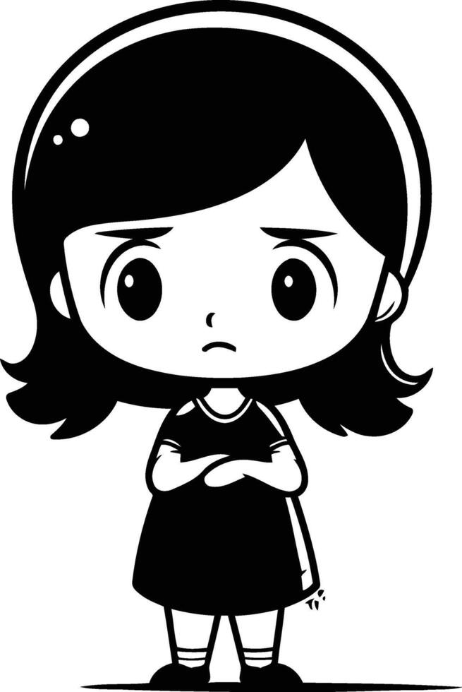 Cute little girl with sad expression. cartoon character illustration. vector
