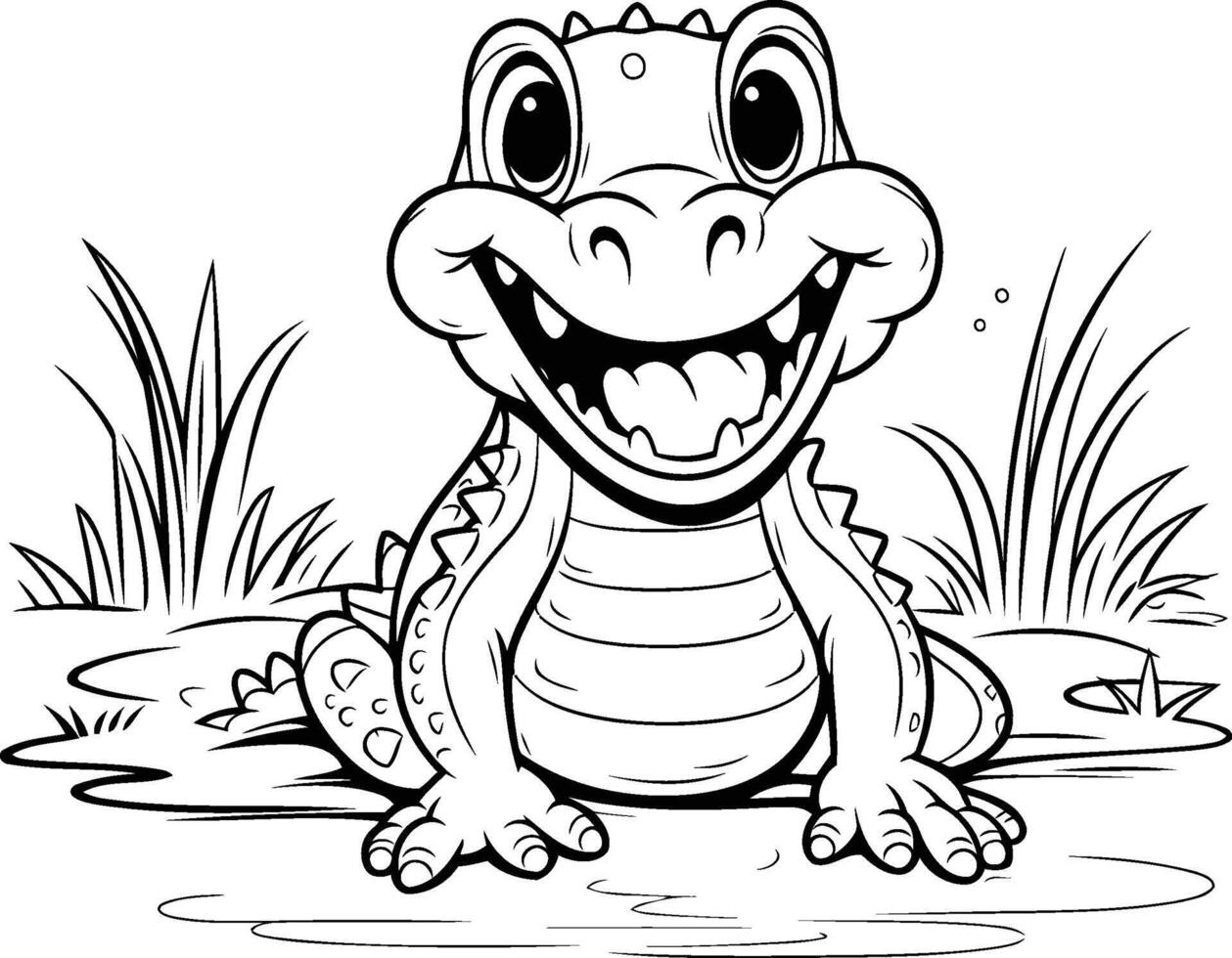 Cute crocodile sitting on the grass. Black and white illustration. vector