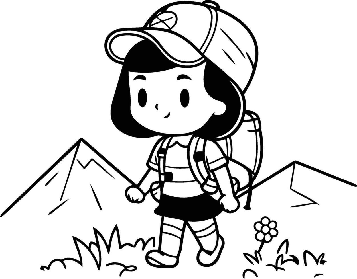 Illustration of a Kid Hiking with a Backpack and Mountains vector