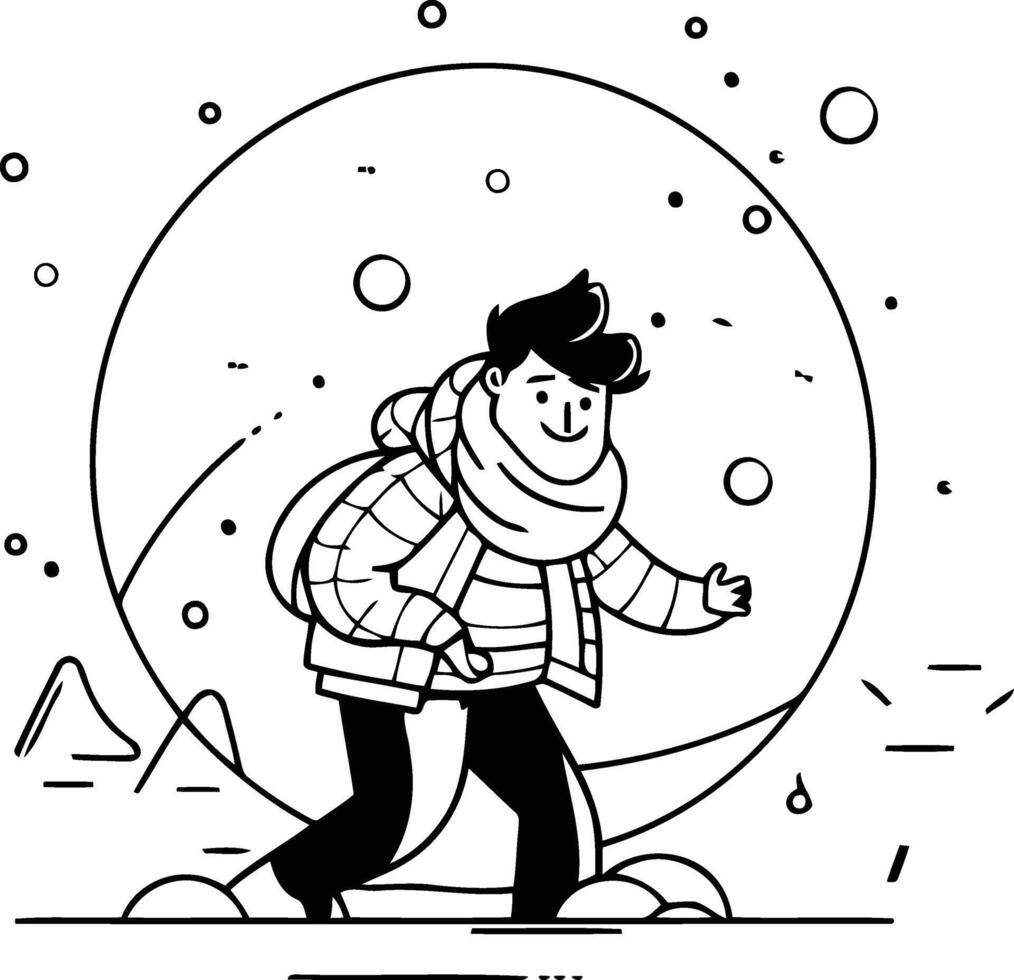 Man in winter clothes walking on ice in thin line style. vector