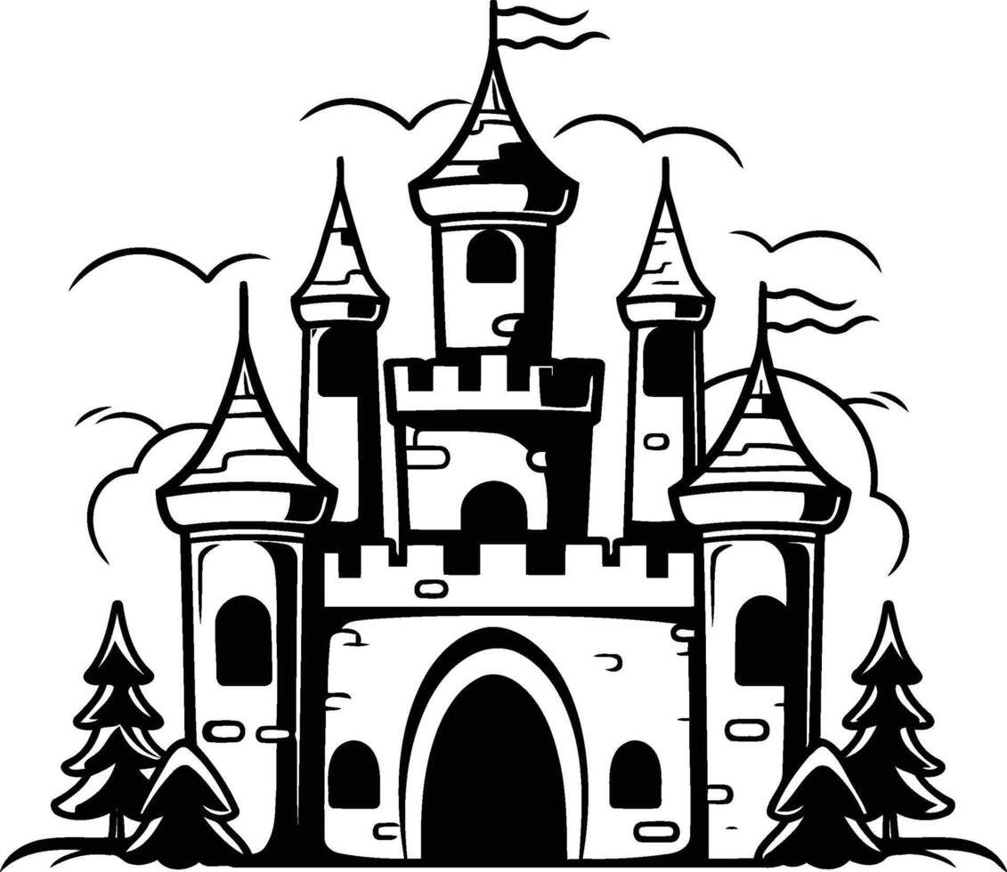 Fairytale castle in the forest. Black and white illustration. vector