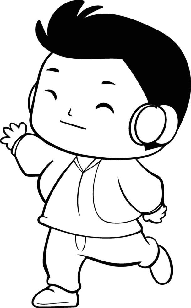 Cute little boy in headphones dancing and listening to music. vector