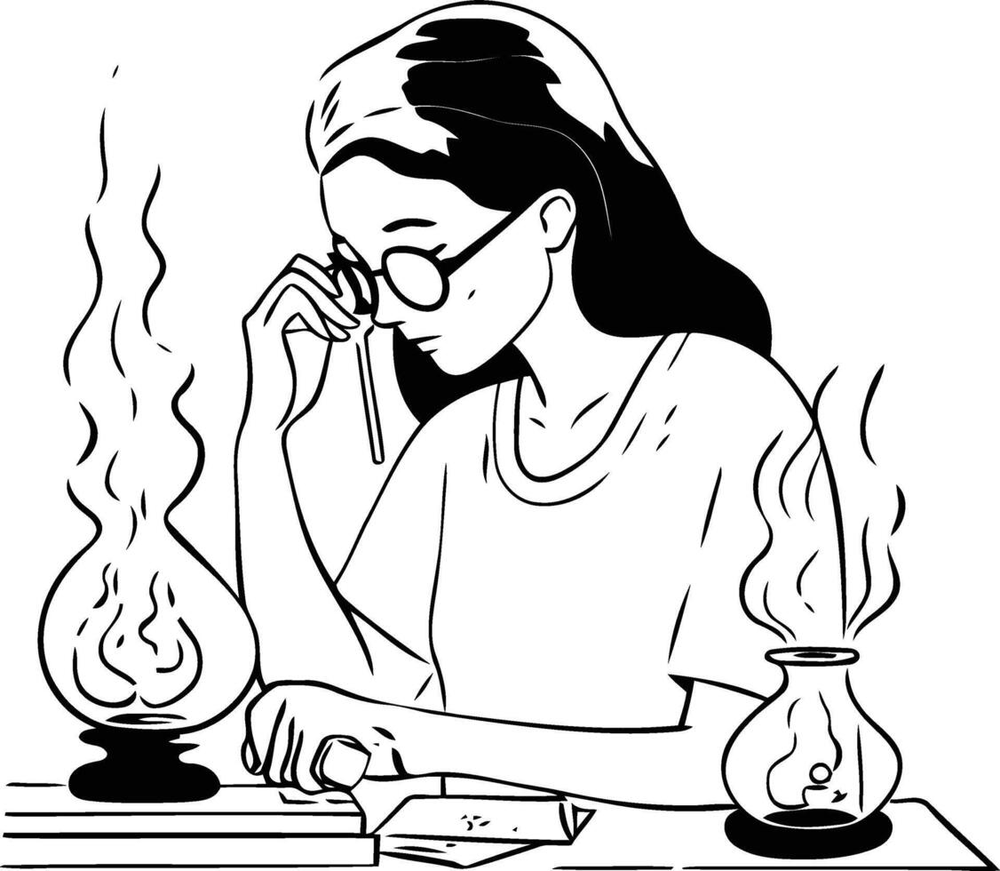 Woman working with a candle in a glass jar. vector
