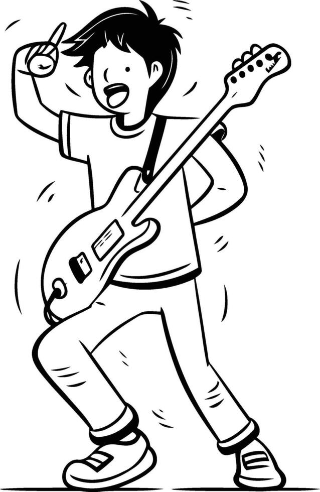 Young man playing electric guitar in line art style. vector
