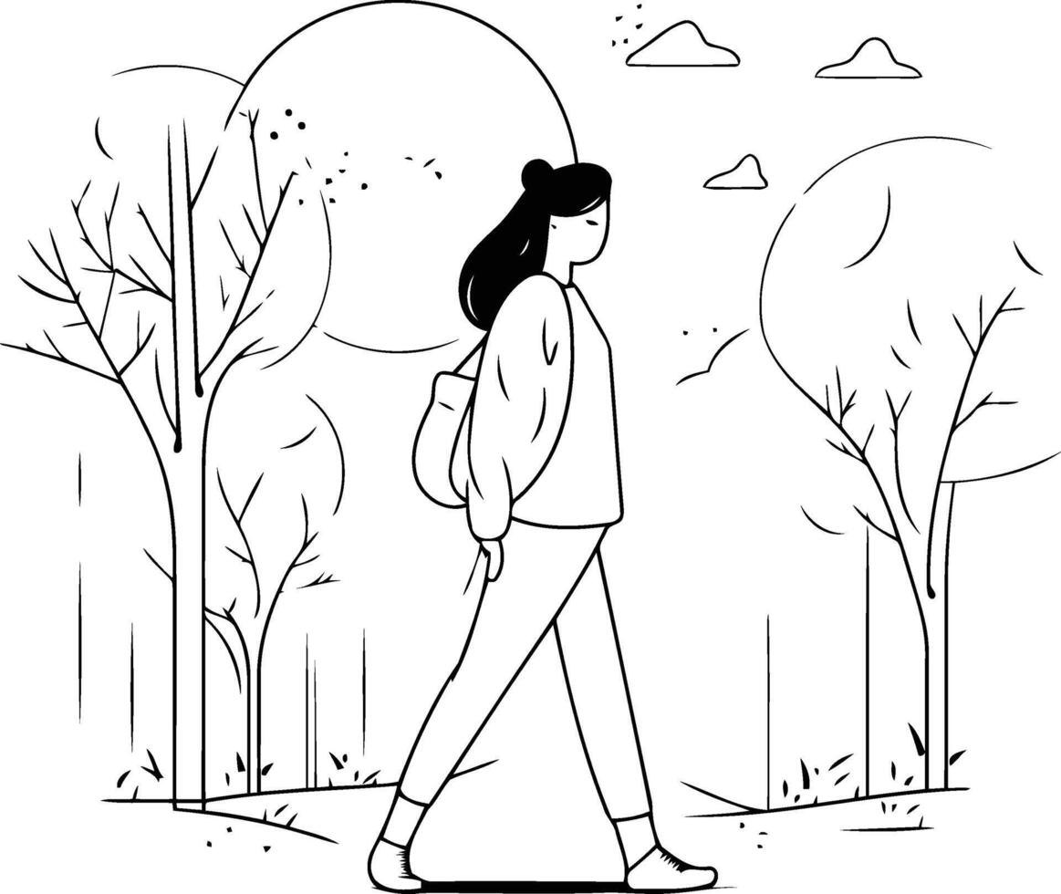 Young woman walking in the park in flat cartoon style vector