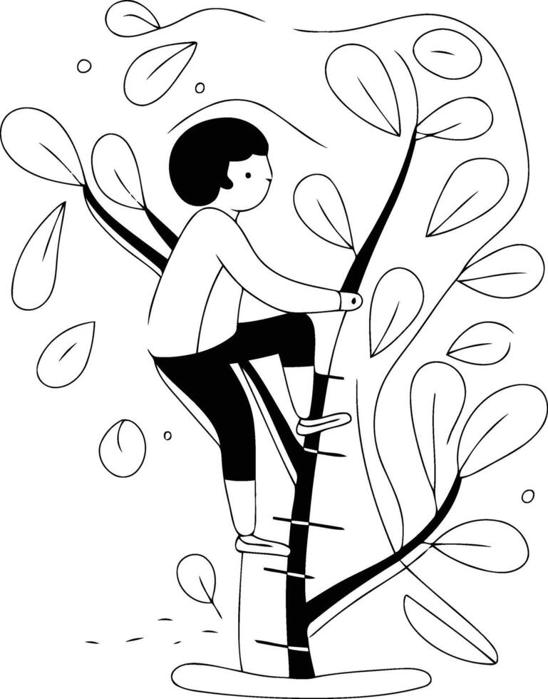 illustration of a girl climbing on a tree. Flat style. vector