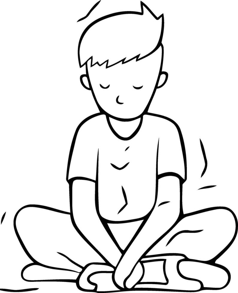 Boy sitting on the floor and meditating in outline style. vector
