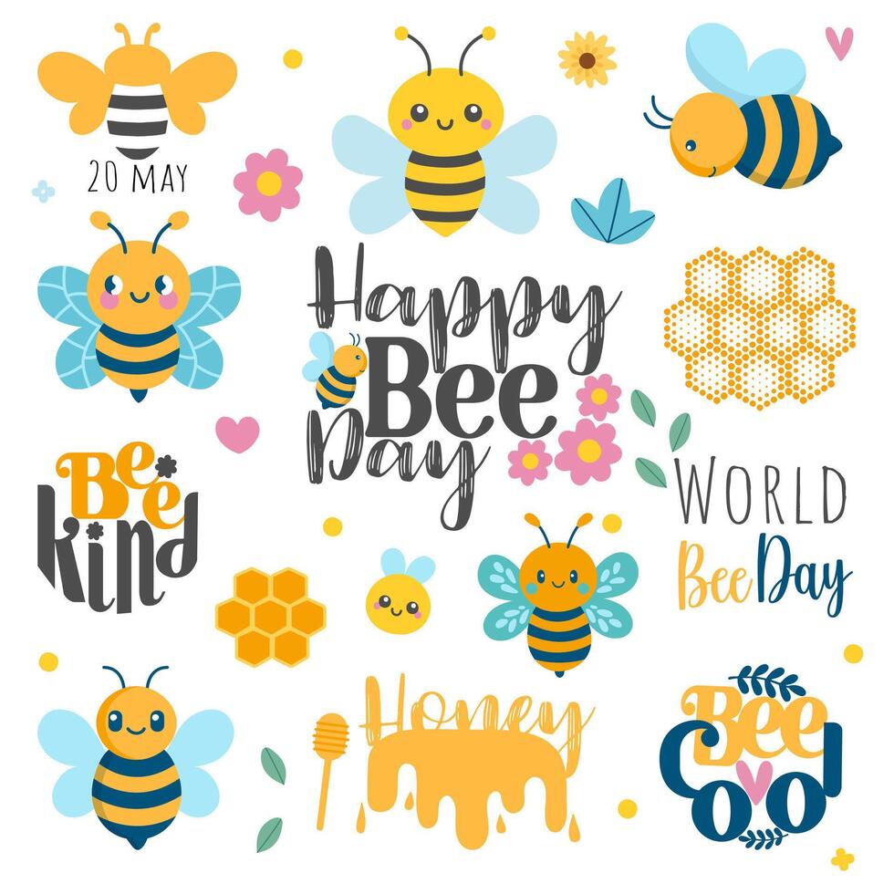 World bee sticker set. Calligraphy hand lettering and cartoon bees isolated on white. Template clip art for banner, flyer, sticker, postcard, print. vector