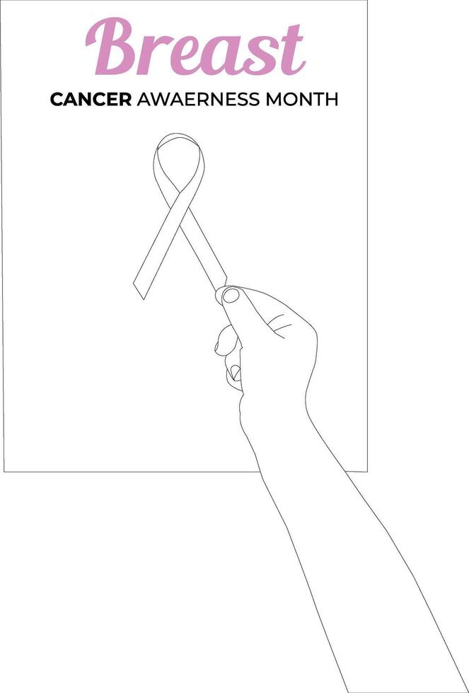 one line drawing hand ribbon with breast cancer awareness month vector