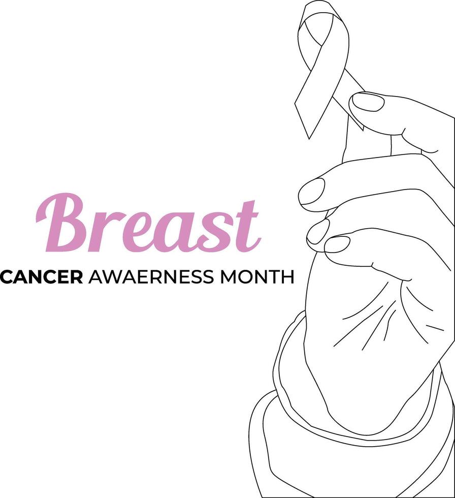 one line drawing hand ribbon with breast cancer awareness month vector