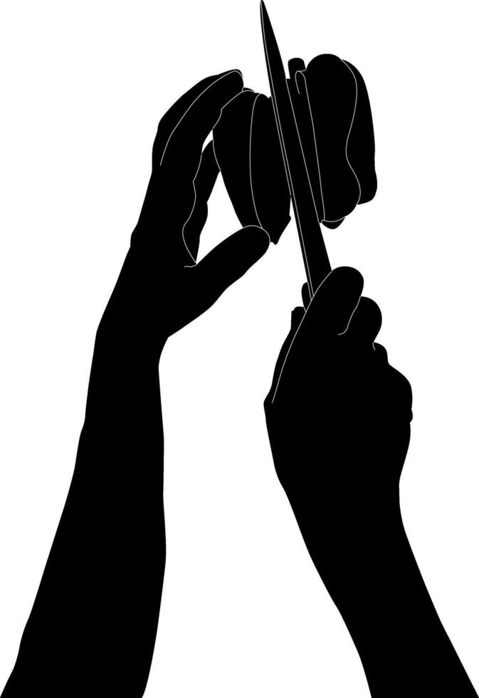 Silhouette hand holding food cutter knief vector