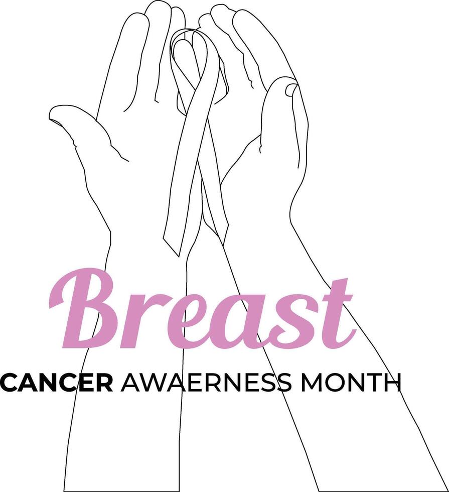 one line drawing hand ribbon with breast cancer awareness month vector