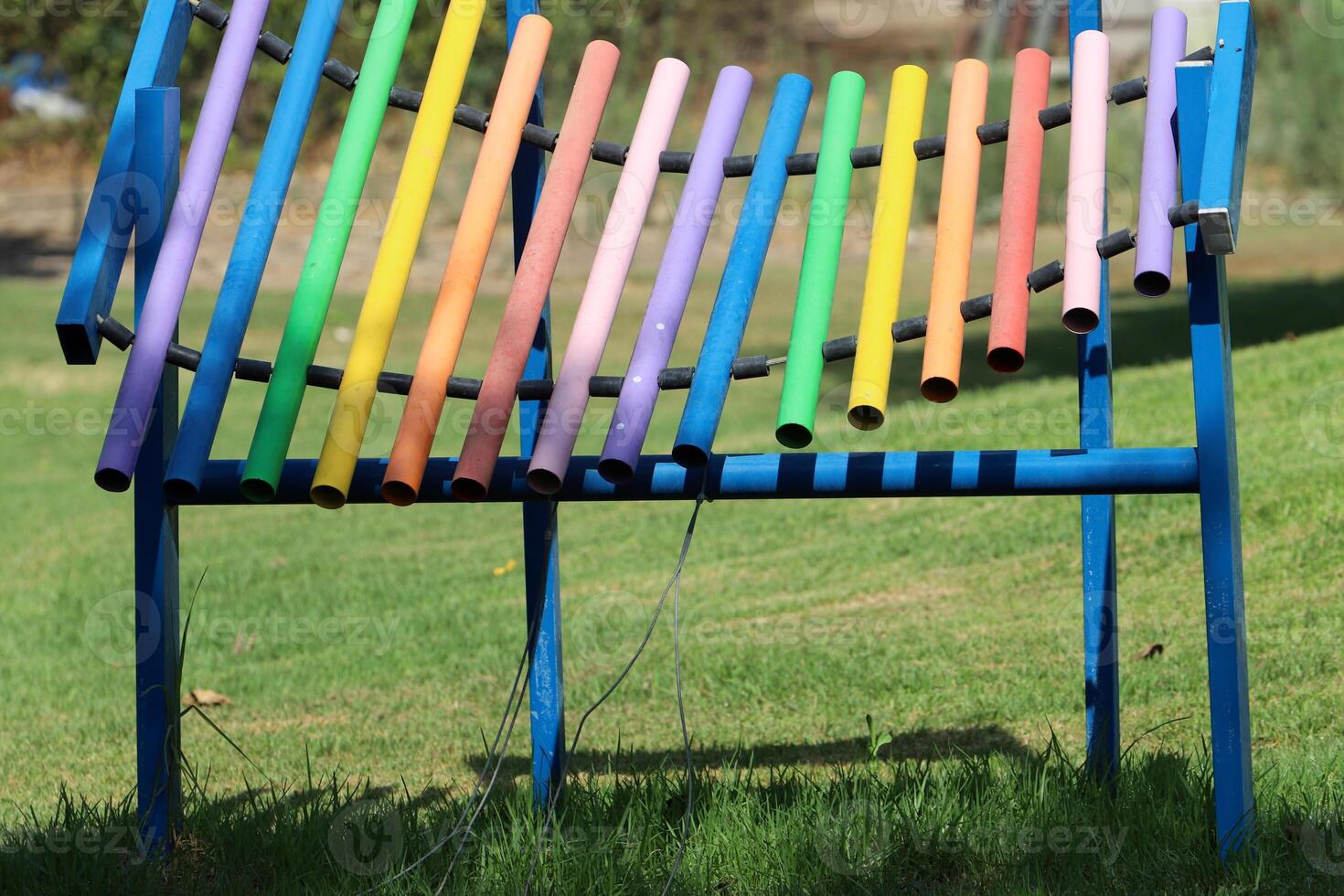 Items for games and sports on the playground in the city park. photo