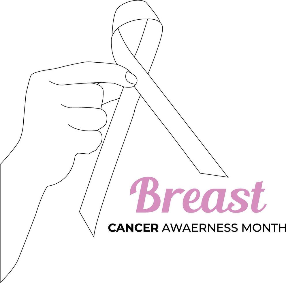 one line drawing hand ribbon with breast cancer awareness month vector