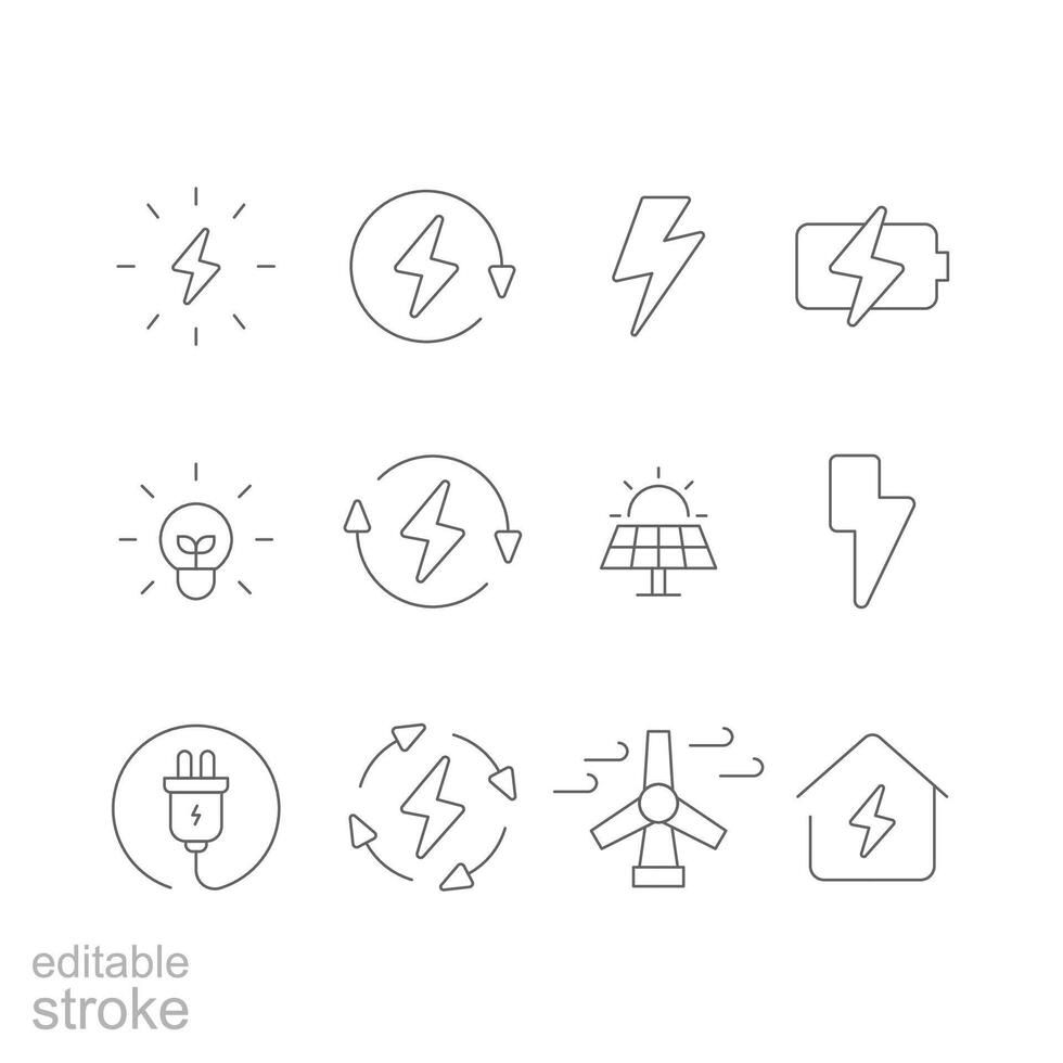 Energy icon set. Simple outline style. Electric, power, save, solar panel, battery, light, charge, wind turbine, green energy concept. Thin line symbol. isolated. Editable stroke. vector