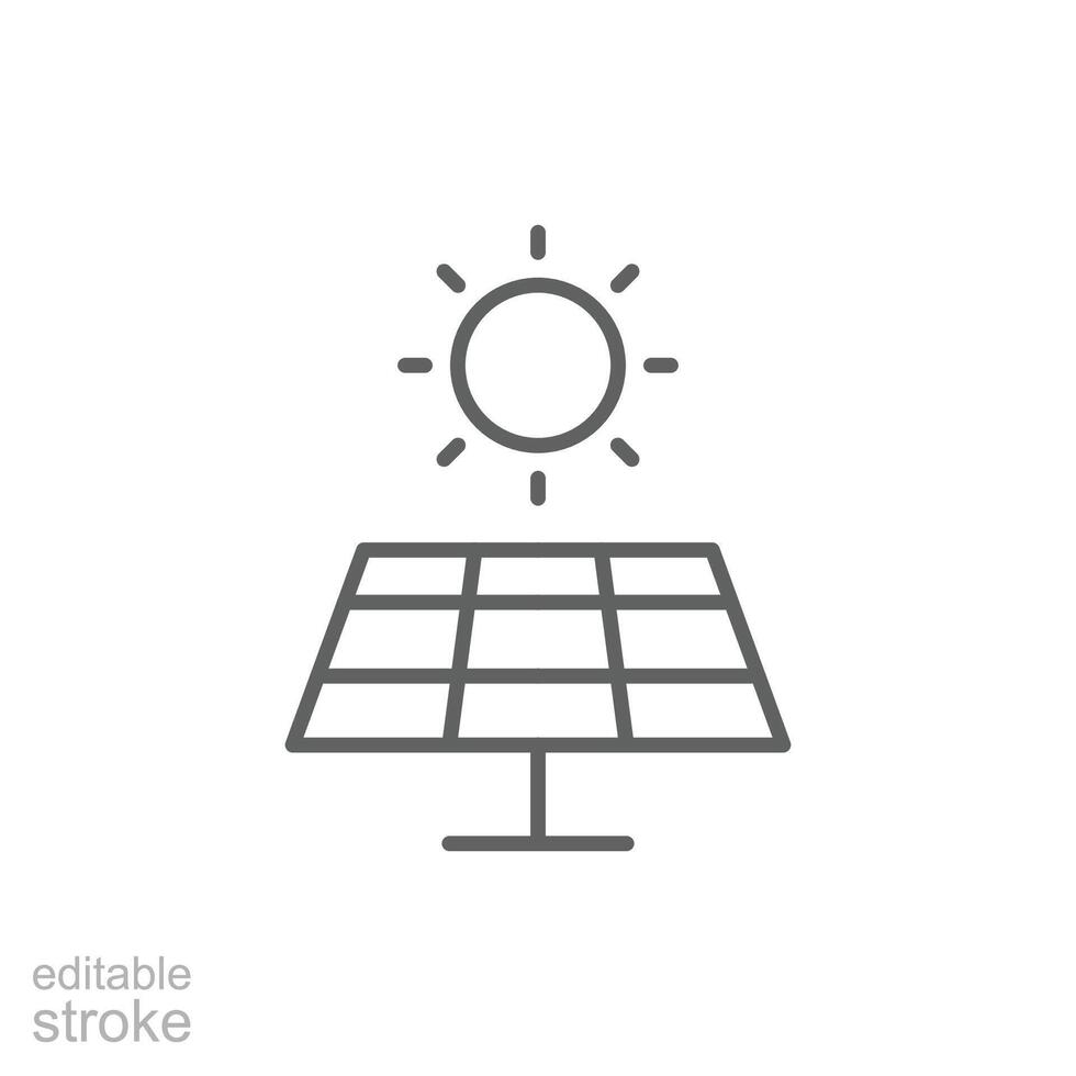 Solar panel icon. Simple outline style. Photovoltaic, sun, installation, roof, generator, heat, sunlight, renewable energy concept. Thin line symbol. isolated. Editable stroke. vector