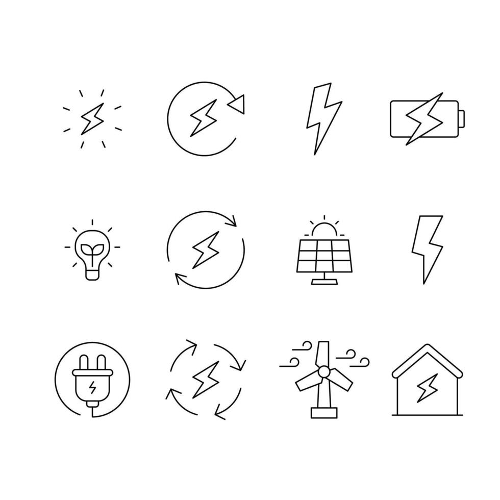 Energy icon set. Simple outline style. Electric, power, save, solar panel, battery, light, charge, wind turbine, green energy concept. Thin line symbol. isolated. vector