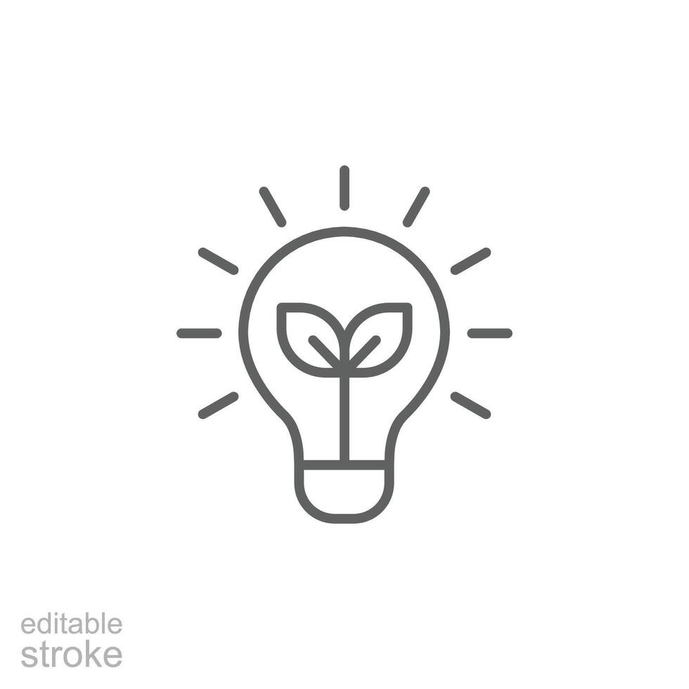Renewable energy icon. Simple outline style. Shining electric ecology light bulb, leaf, eco, green, sustainable energy concept. Thin line symbol. isolated. Editable stroke. vector