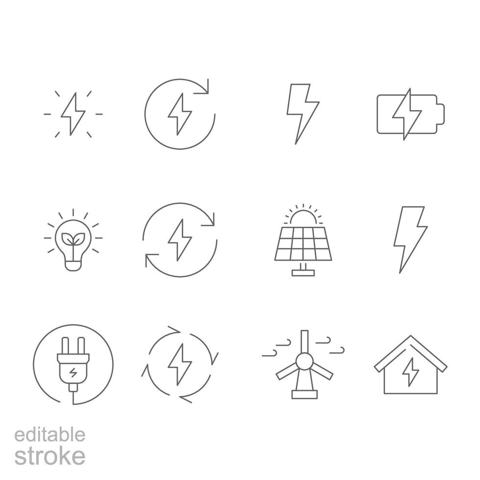 Energy icon set. Simple outline style. Electric, power, save, solar panel, battery, light, charge, wind turbine, green energy concept. Thin line symbol. isolated. Editable stroke. vector