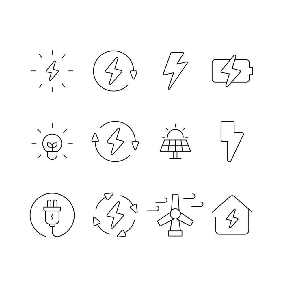 Energy icon set. Simple outline style. Electric, power, save, solar panel, battery, light, charge, wind turbine, green energy concept. Thin line symbol. isolated. vector