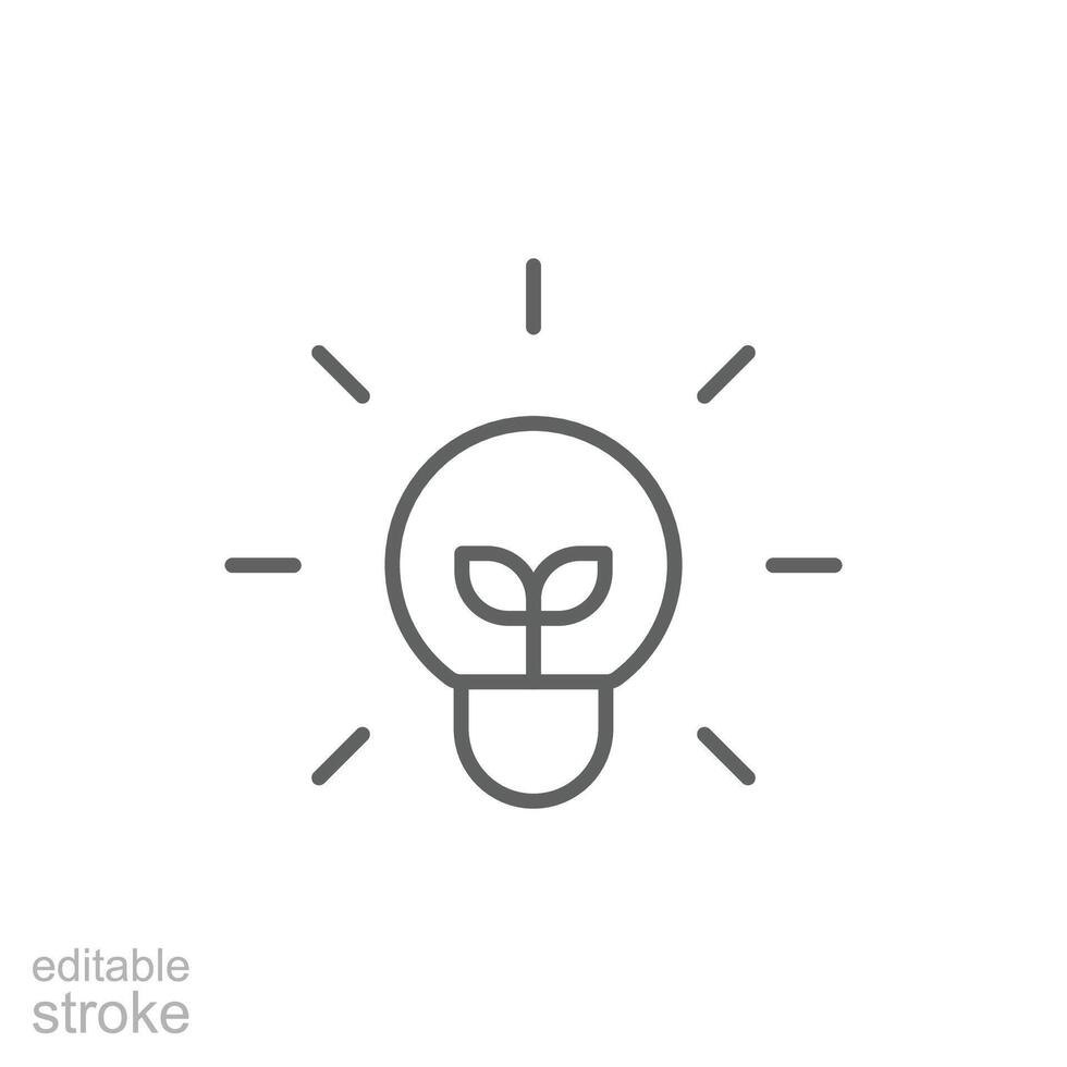 Renewable energy icon. Simple outline style. Shining electric ecology light bulb, leaf, eco, green, sustainable energy concept. Thin line symbol. isolated. Editable stroke. vector