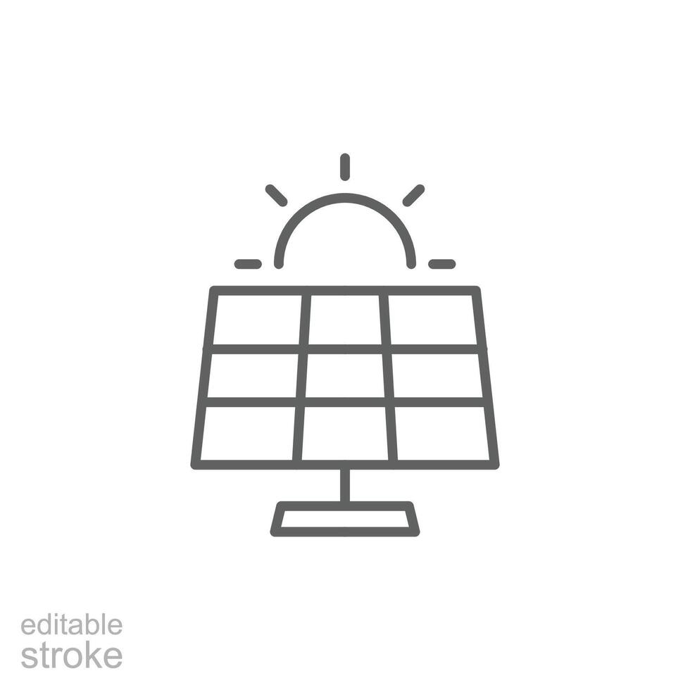 Solar panel icon. Simple outline style. Photovoltaic, sun, installation, roof, generator, heat, sunlight, renewable energy concept. Thin line symbol. isolated. Editable stroke. vector