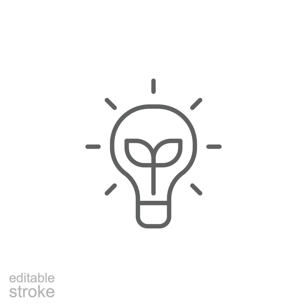Renewable energy icon. Simple outline style. Shining electric ecology light bulb, leaf, eco, green, sustainable energy concept. Thin line symbol. isolated. Editable stroke. vector