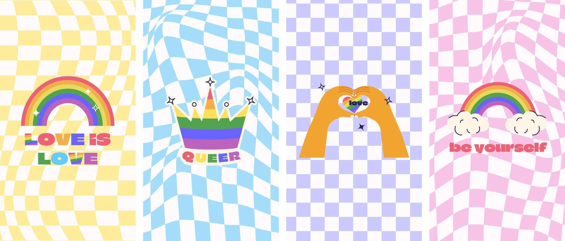 Pride month LGBTQ groovy gingham checkerboard posters vector