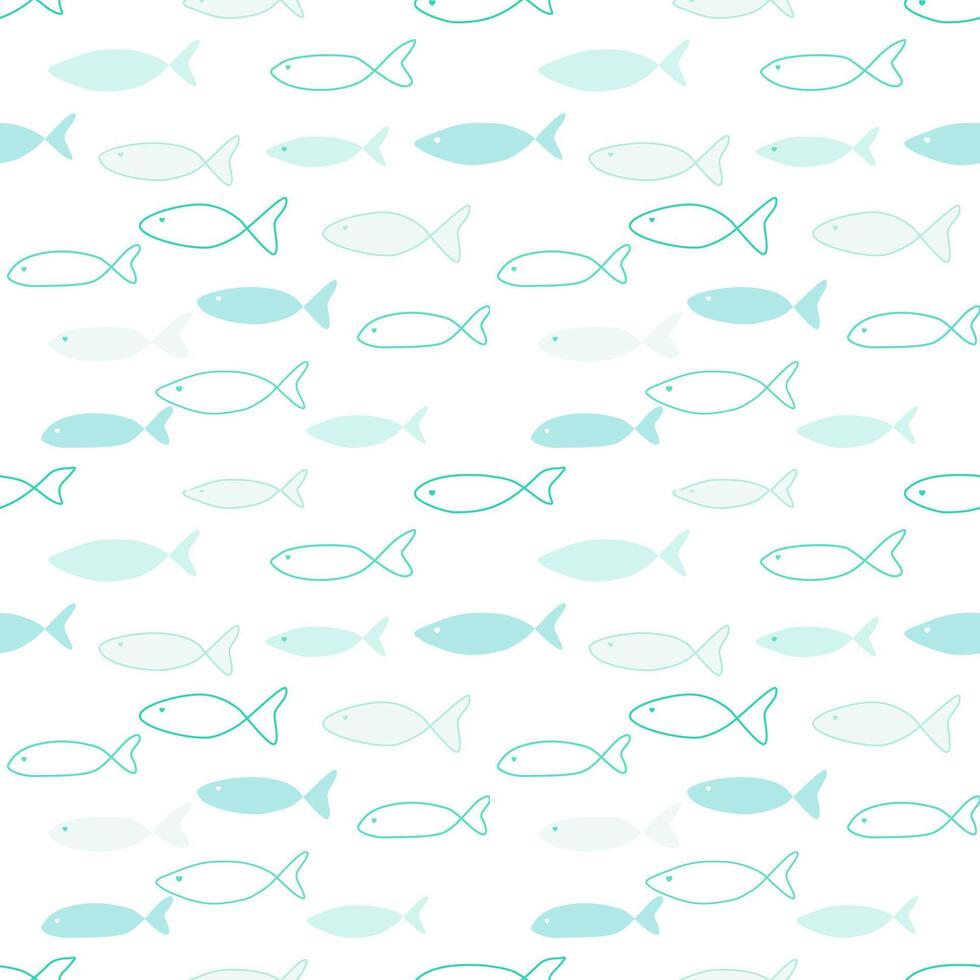 Seamless pattern with mackerel fish, cute outline cartoon style. vector
