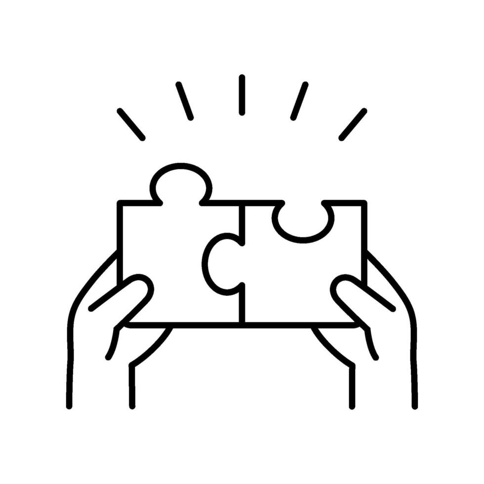 Icon of human hands putting puzzle pieces together. Teamwork, partnership success concept. Editable stroke vector